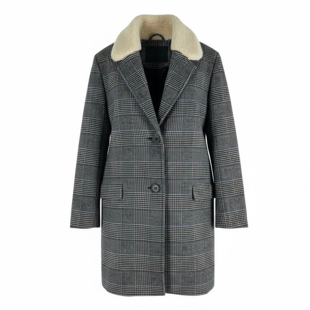 Levi's Amaya Wool Blend Houndstooth Plaid Coat Faux Fur Gray Blue Size L
